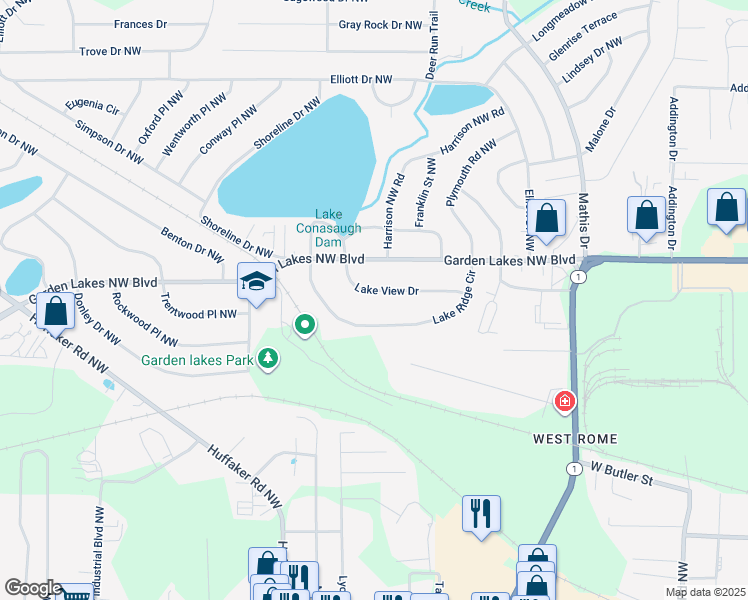 map of restaurants, bars, coffee shops, grocery stores, and more near 2619 Lake View Drive in Rome
