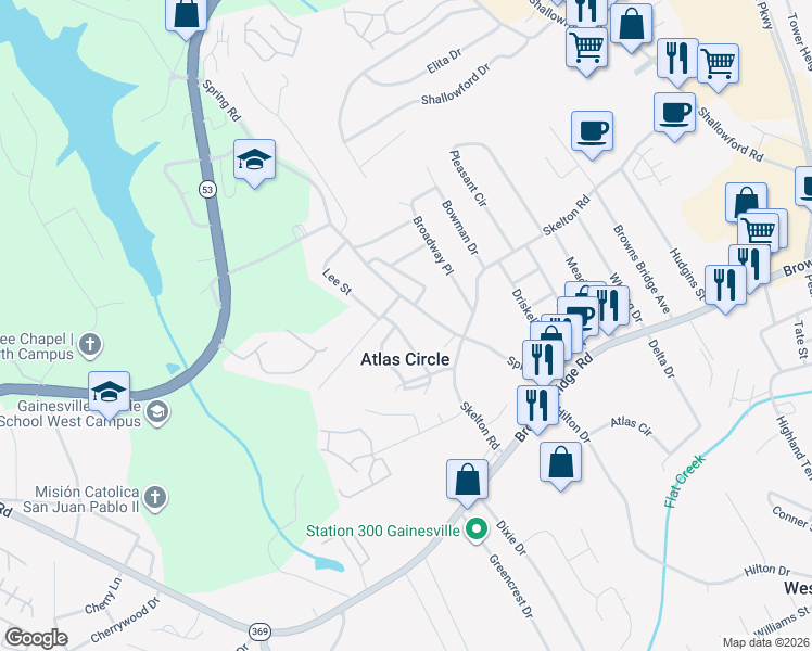 map of restaurants, bars, coffee shops, grocery stores, and more near 2352 Ridgeway Drive in Gainesville