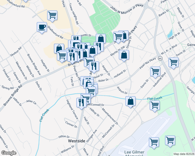 map of restaurants, bars, coffee shops, grocery stores, and more near 1328 Hazel Street in Gainesville