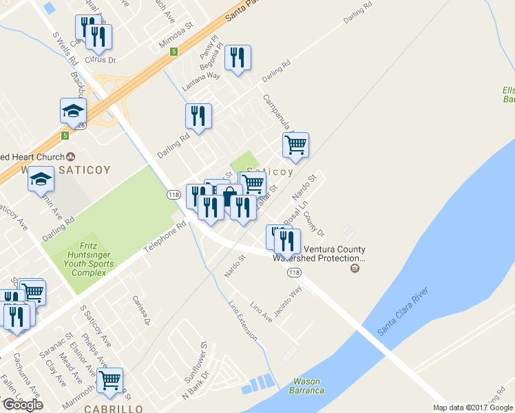 map of restaurants, bars, coffee shops, grocery stores, and more near Azahar Street in Ventura