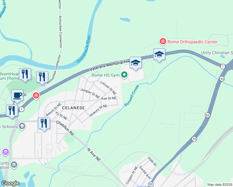 map of restaurants, bars, coffee shops, grocery stores, and more near 32 Locust Street Northeast in Rome