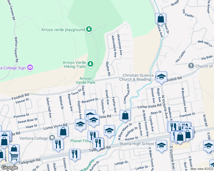 map of restaurants, bars, coffee shops, grocery stores, and more near 444 Arnett Avenue in Ventura