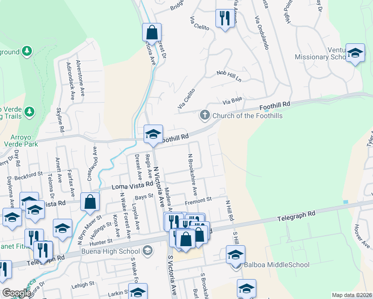 map of restaurants, bars, coffee shops, grocery stores, and more near 305 North Brookshire Avenue in Ventura
