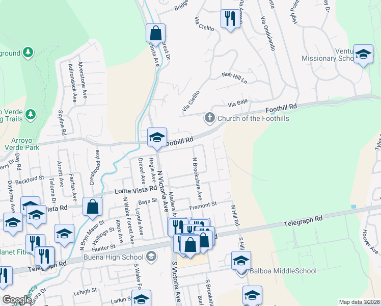 map of restaurants, bars, coffee shops, grocery stores, and more near 305 North Brookshire Avenue in Ventura