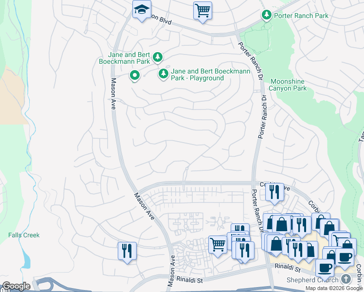 map of restaurants, bars, coffee shops, grocery stores, and more near 20330 Windsor Lane in Los Angeles