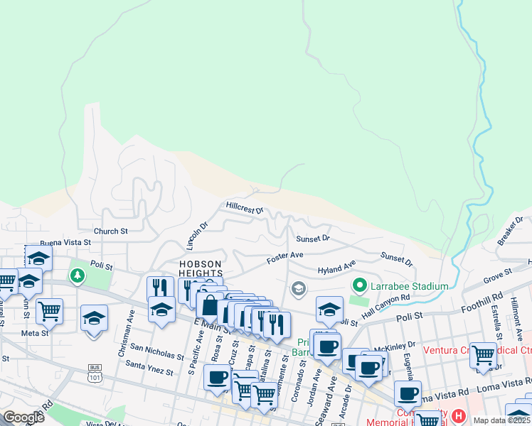 map of restaurants, bars, coffee shops, grocery stores, and more near 1918 Hillcrest Drive in Ventura