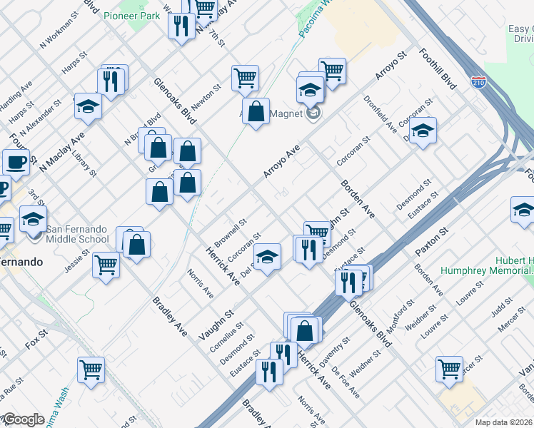 map of restaurants, bars, coffee shops, grocery stores, and more near 13315 Corcoran Street in San Fernando
