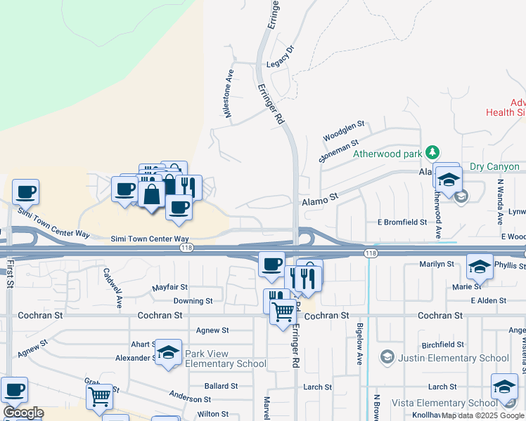 map of restaurants, bars, coffee shops, grocery stores, and more near 1747 Simi Town Center Way in Simi Valley