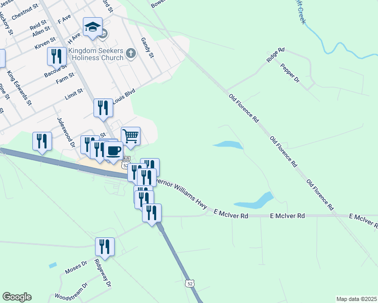 map of restaurants, bars, coffee shops, grocery stores, and more near 1005 South Governor Williams Highway in Darlington