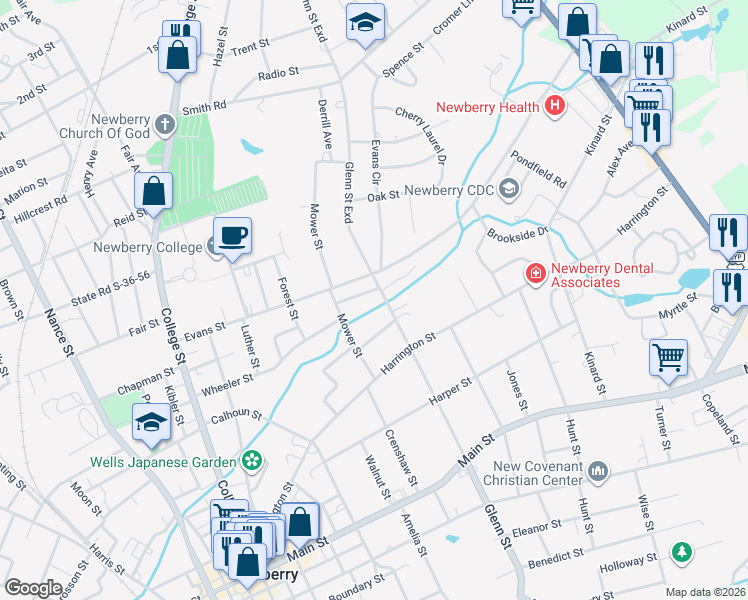 map of restaurants, bars, coffee shops, grocery stores, and more near 1502 Glenn Street in Newberry