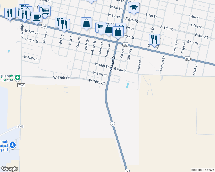 map of restaurants, bars, coffee shops, grocery stores, and more near 1609 Mercer Street in Quanah