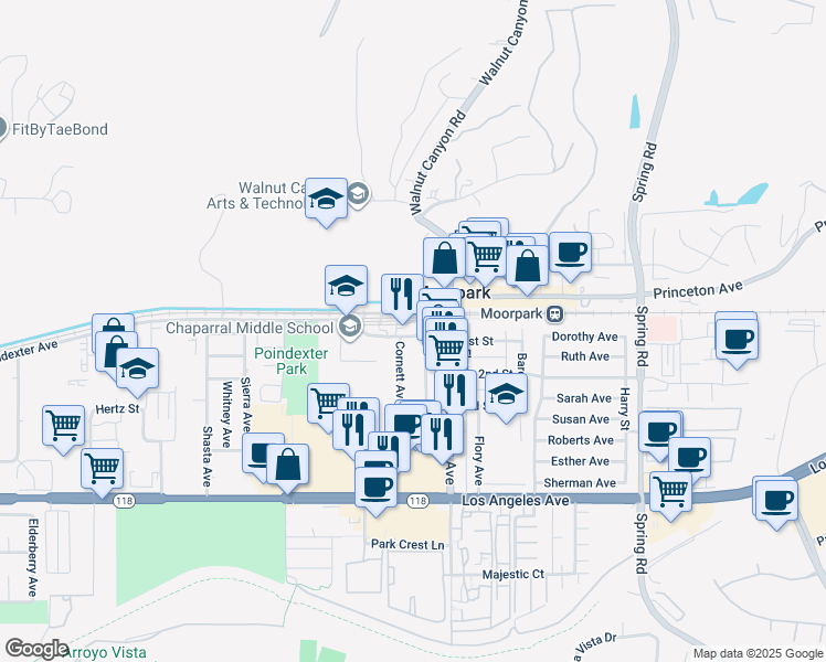map of restaurants, bars, coffee shops, grocery stores, and more near 111 Poindexter Avenue in Moorpark