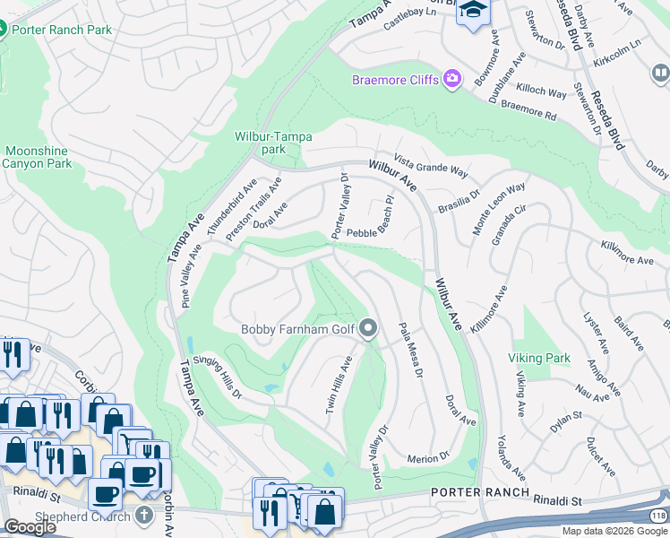 map of restaurants, bars, coffee shops, grocery stores, and more near 11723 Porter Valley Drive in Los Angeles