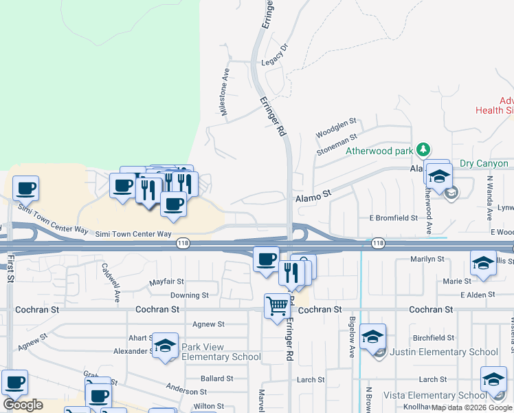 map of restaurants, bars, coffee shops, grocery stores, and more near 2731 Erringer Road in Simi Valley