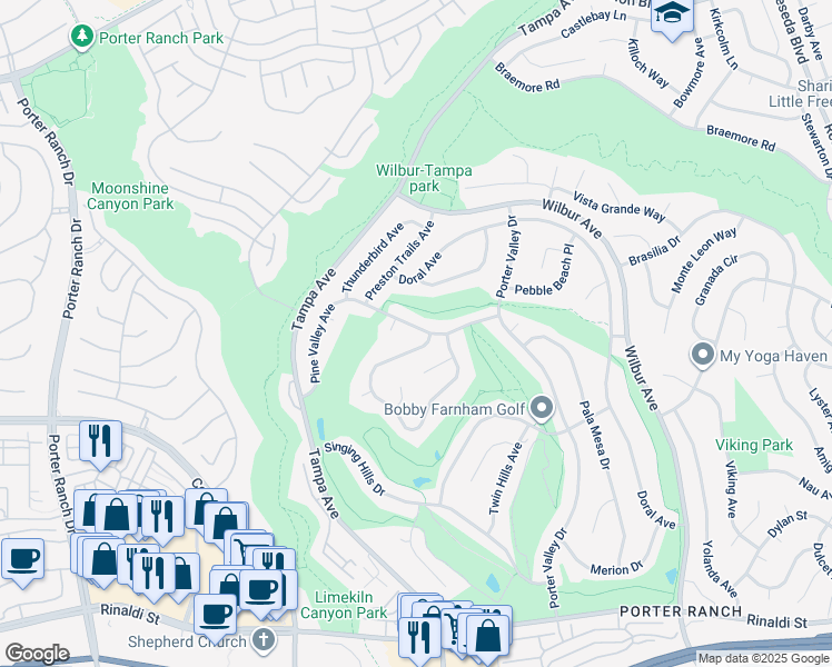 map of restaurants, bars, coffee shops, grocery stores, and more near 19432 Pine Valley Avenue in Los Angeles