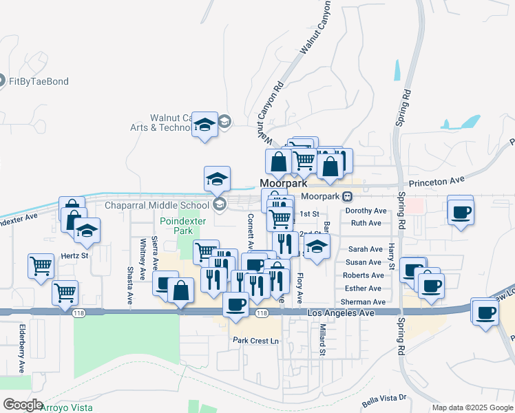 map of restaurants, bars, coffee shops, grocery stores, and more near 111 Poindexter Avenue in Moorpark