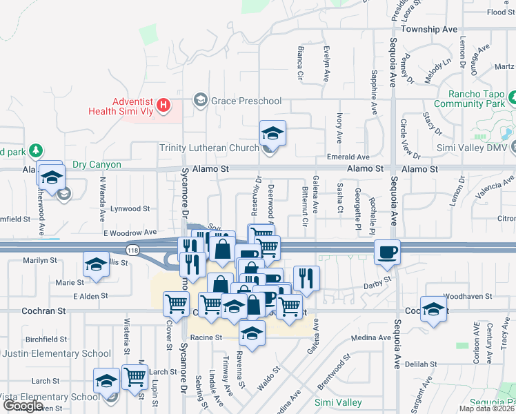 map of restaurants, bars, coffee shops, grocery stores, and more near 2696 Reservoir Drive in Simi Valley