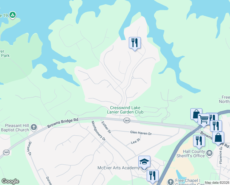 map of restaurants, bars, coffee shops, grocery stores, and more near 3357 Locust Cove Road in Gainesville