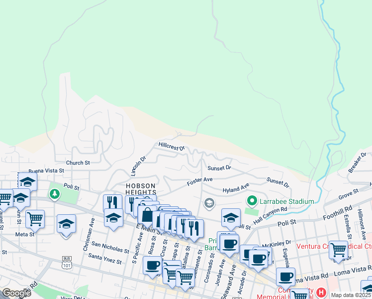 map of restaurants, bars, coffee shops, grocery stores, and more near 1918 Hillcrest Drive in Ventura