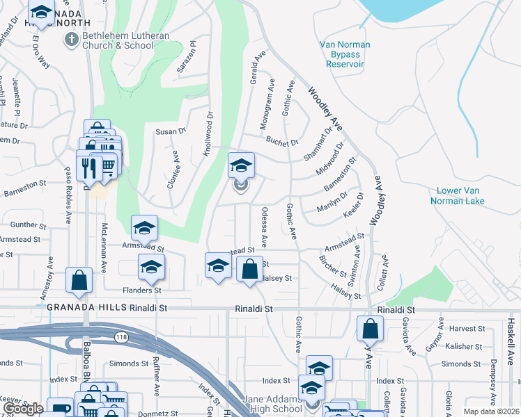 map of restaurants, bars, coffee shops, grocery stores, and more near 11741 Odessa Avenue in Los Angeles
