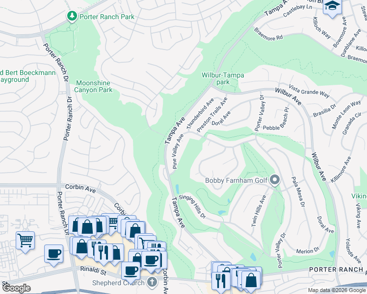 map of restaurants, bars, coffee shops, grocery stores, and more near 19616 Pine Valley Avenue in Los Angeles