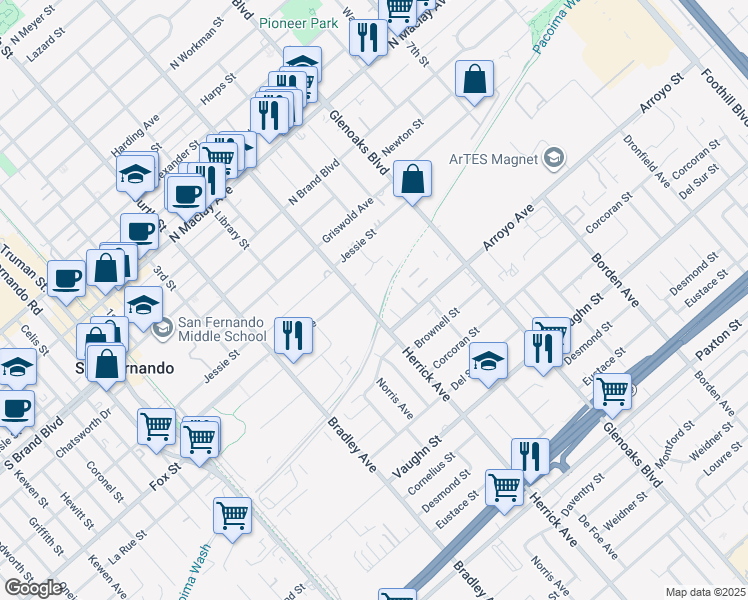 map of restaurants, bars, coffee shops, grocery stores, and more near 525-531 5th Street in San Fernando