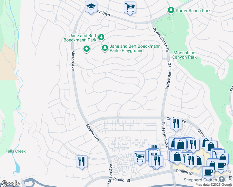 map of restaurants, bars, coffee shops, grocery stores, and more near 20330 Windsor Lane in Los Angeles