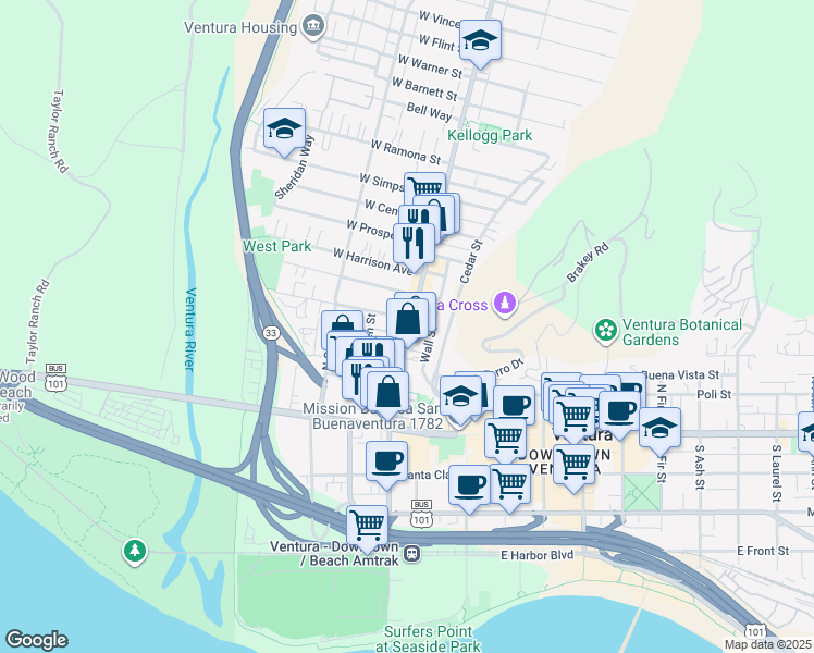 map of restaurants, bars, coffee shops, grocery stores, and more near 285 North Ventura Avenue in Ventura