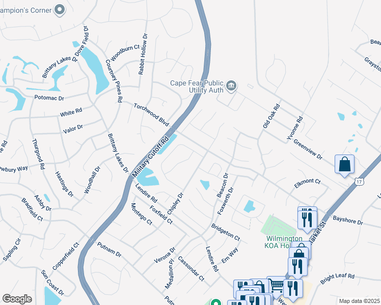 map of restaurants, bars, coffee shops, grocery stores, and more near 7453 Darius Drive in Wilmington
