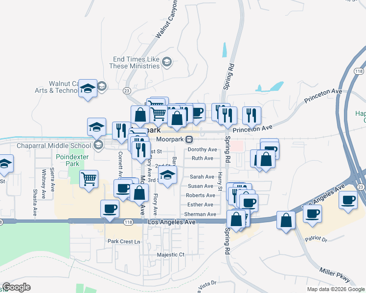 map of restaurants, bars, coffee shops, grocery stores, and more near 270 Dorothy Avenue in Moorpark
