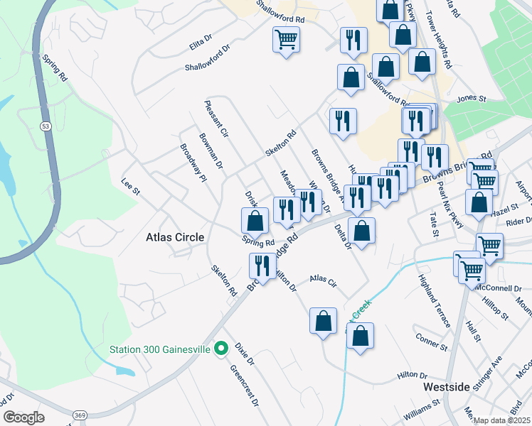 map of restaurants, bars, coffee shops, grocery stores, and more near 1906 Glaner Street in Gainesville