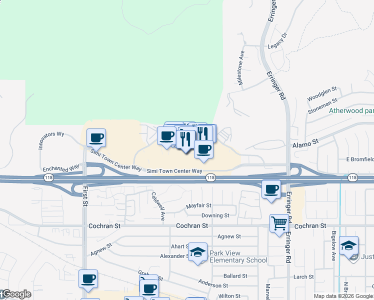 map of restaurants, bars, coffee shops, grocery stores, and more near 1555 Simi Town Center Way in Simi Valley