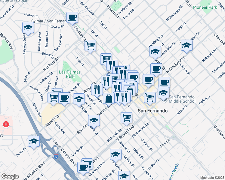 map of restaurants, bars, coffee shops, grocery stores, and more near in San Fernando