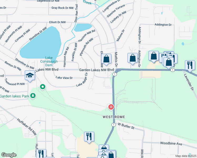 map of restaurants, bars, coffee shops, grocery stores, and more near 111 Hillside Avenue Northwest in Rome