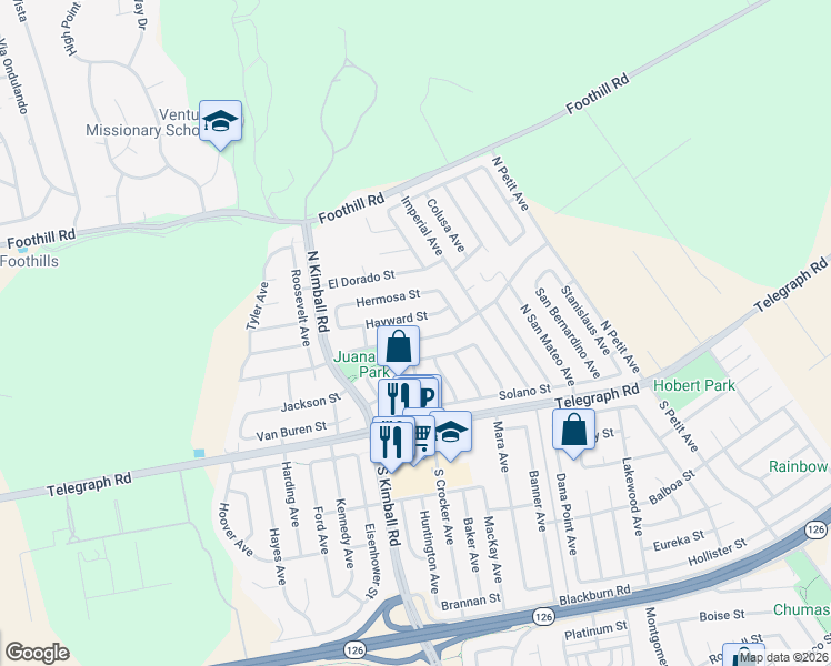 map of restaurants, bars, coffee shops, grocery stores, and more near 7881 Loma Vista Road in Ventura