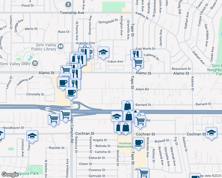 map of restaurants, bars, coffee shops, grocery stores, and more near 4705 Barnard Street in Simi Valley