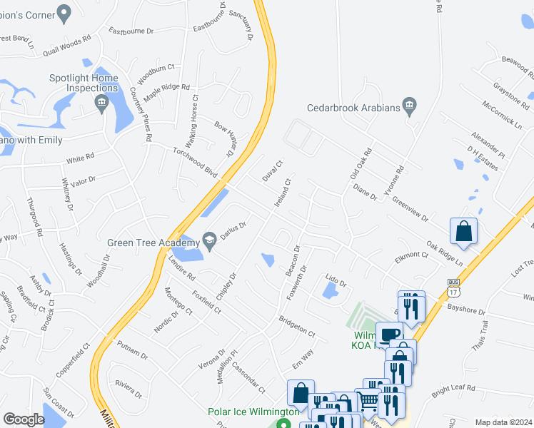 map of restaurants, bars, coffee shops, grocery stores, and more near 7483 Chipley Drive in Wilmington