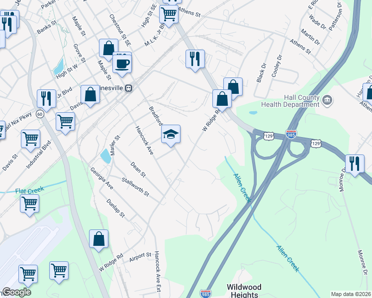 map of restaurants, bars, coffee shops, grocery stores, and more near 975 West Ridge Road in Gainesville