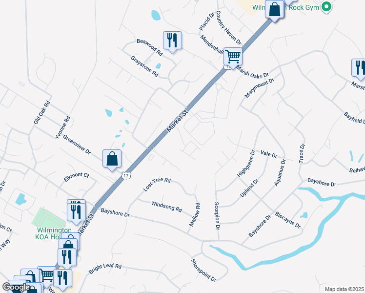 map of restaurants, bars, coffee shops, grocery stores, and more near 7716 Market Street in Wilmington