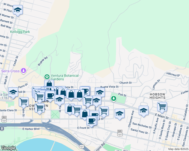 map of restaurants, bars, coffee shops, grocery stores, and more near 1091 Gillard Lane in Ventura