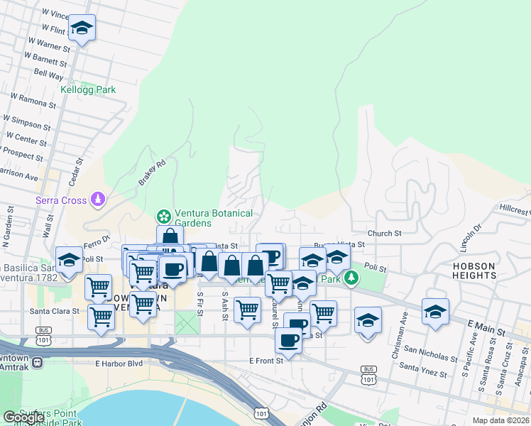 map of restaurants, bars, coffee shops, grocery stores, and more near 310 North Kalorama Street in Ventura