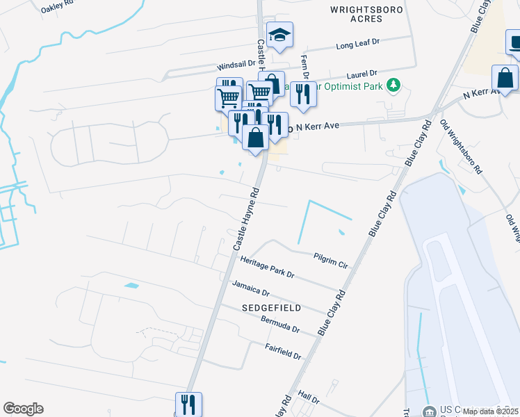 map of restaurants, bars, coffee shops, grocery stores, and more near 2400 Castle Hayne Road in Wilmington