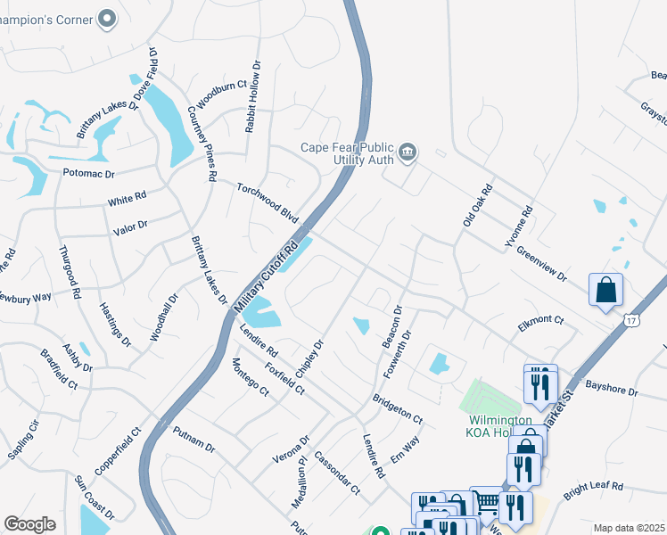 map of restaurants, bars, coffee shops, grocery stores, and more near 7453 Darius Drive in Wilmington
