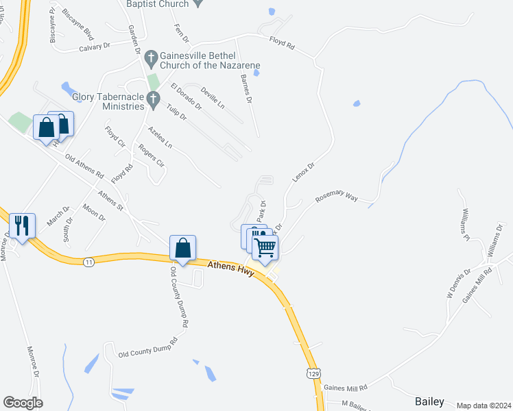 map of restaurants, bars, coffee shops, grocery stores, and more near 1332 Lenox Park Drive in Gainesville