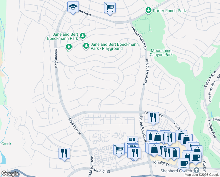 map of restaurants, bars, coffee shops, grocery stores, and more near 20253 Windsor Lane in Los Angeles