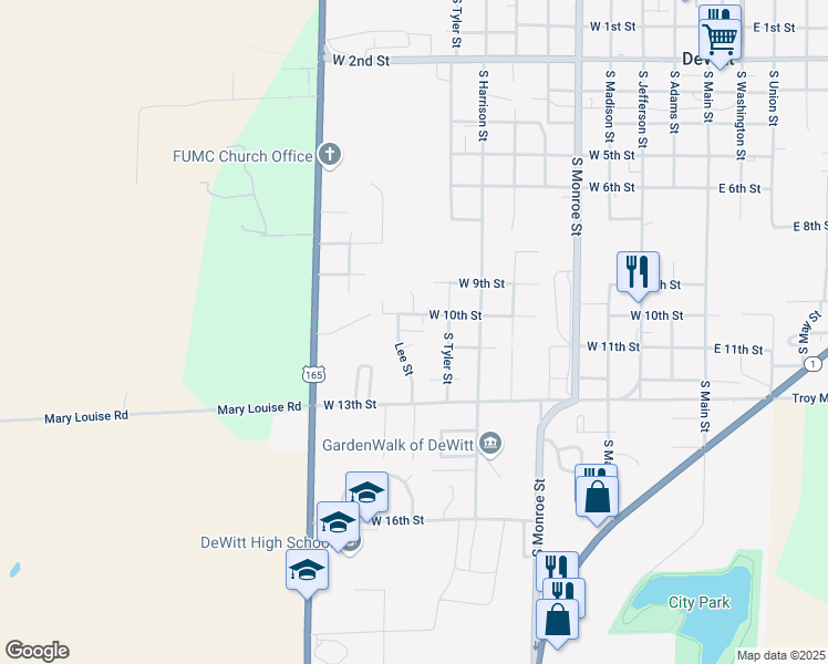 map of restaurants, bars, coffee shops, grocery stores, and more near 1051 Lee Street in DeWitt