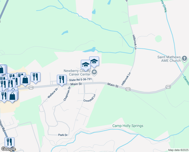 map of restaurants, bars, coffee shops, grocery stores, and more near 3413 Main Street in Newberry