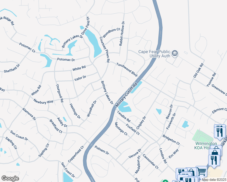 map of restaurants, bars, coffee shops, grocery stores, and more near 7313 Woodhall Drive in Wilmington