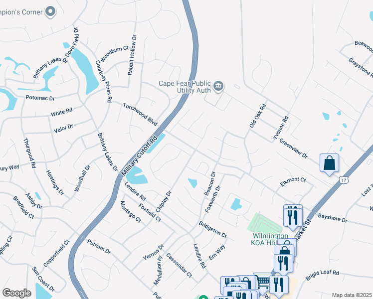 map of restaurants, bars, coffee shops, grocery stores, and more near 645 Steele Loop in Wilmington