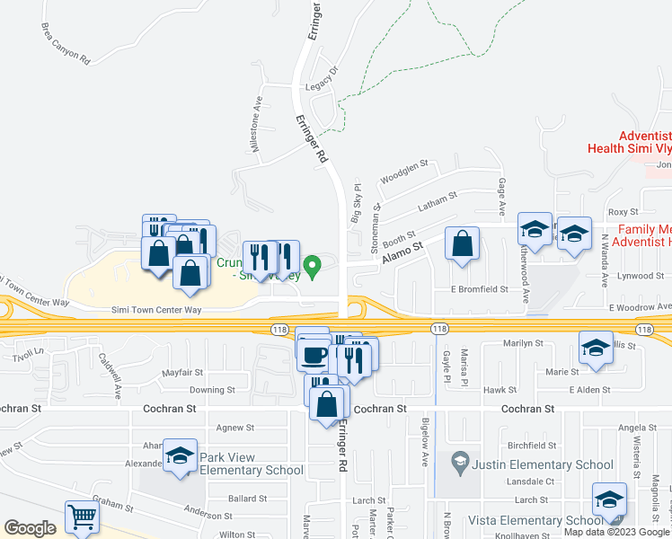 map of restaurants, bars, coffee shops, grocery stores, and more near 2731 Erringer Road in Simi Valley